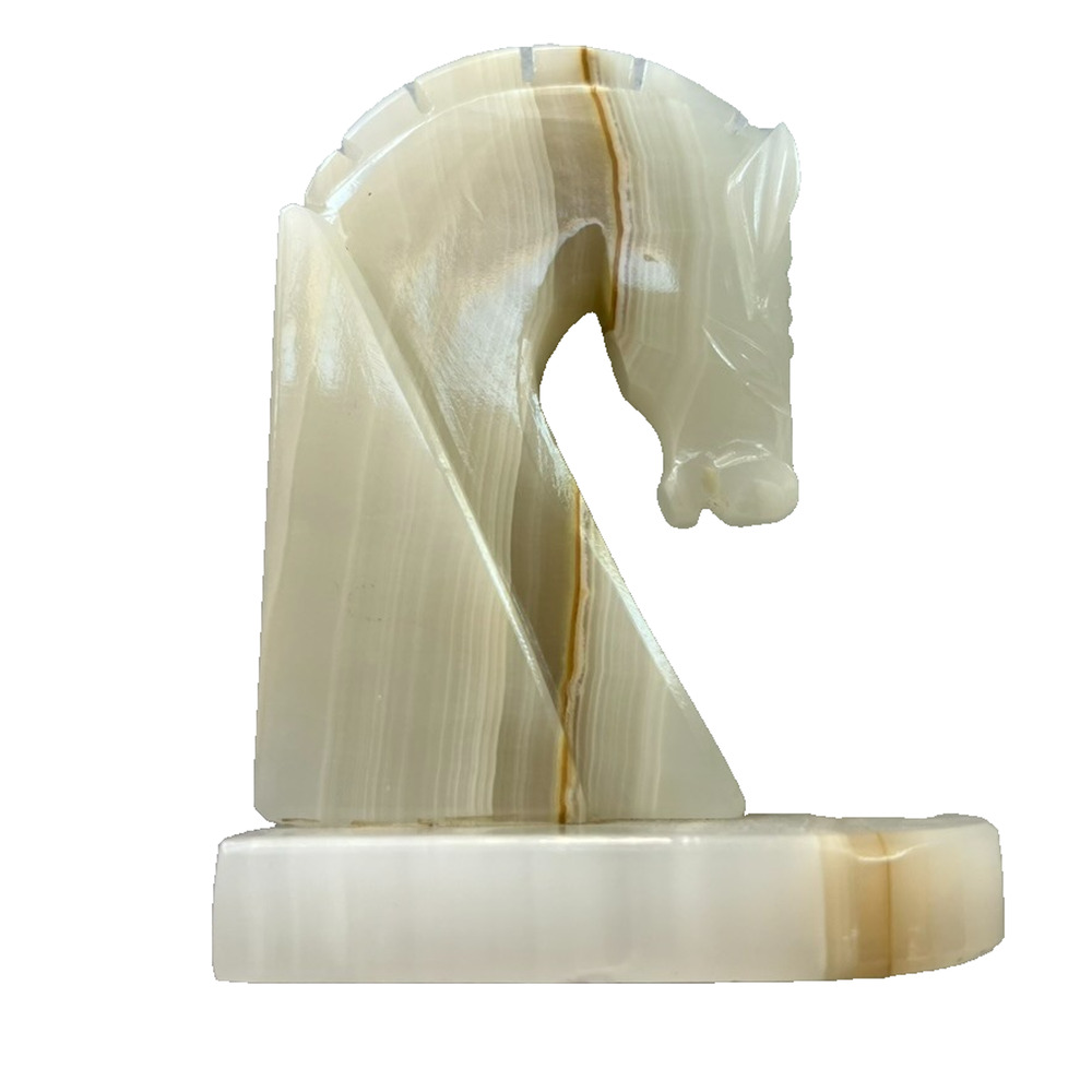 7” Vintage Bookend Marble Onyx Chess Trojan Horse Head Carved Natural Stone